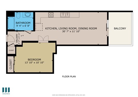 Floor plan for studio, 1 bath, 625 sqft